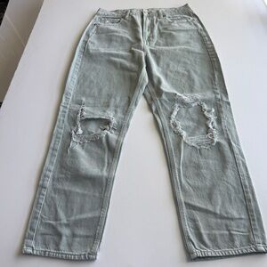 American Eagle Mom Straight Jeans 12 R (32x28) High Rise Distressed Light Green